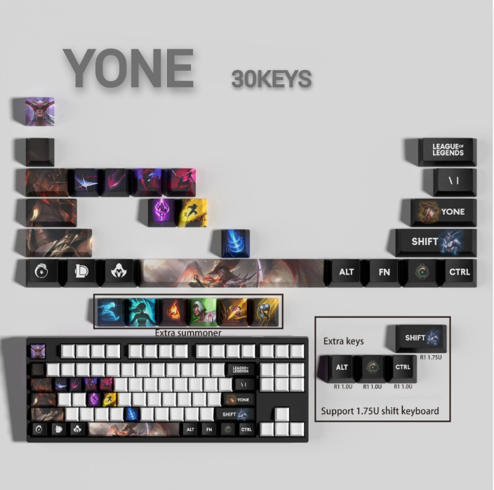 League of Legends Yone Keycaps – Mechanical Keyboard Gaming Keycap Set (30 / 14 / 12 Keys) | PixelCaps
