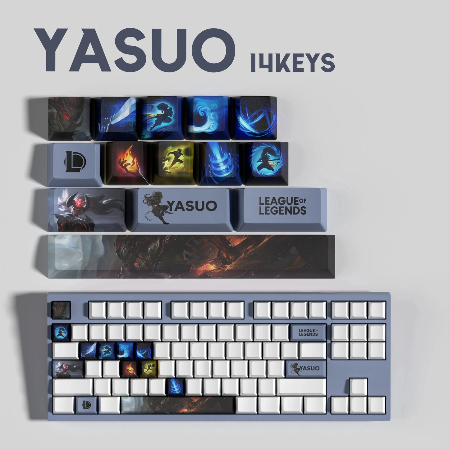 League of Legends Yasuo Keycaps – Mechanical Keyboard Gaming Keycap Set (30 / 14 / 12 Keys) | PixelCaps