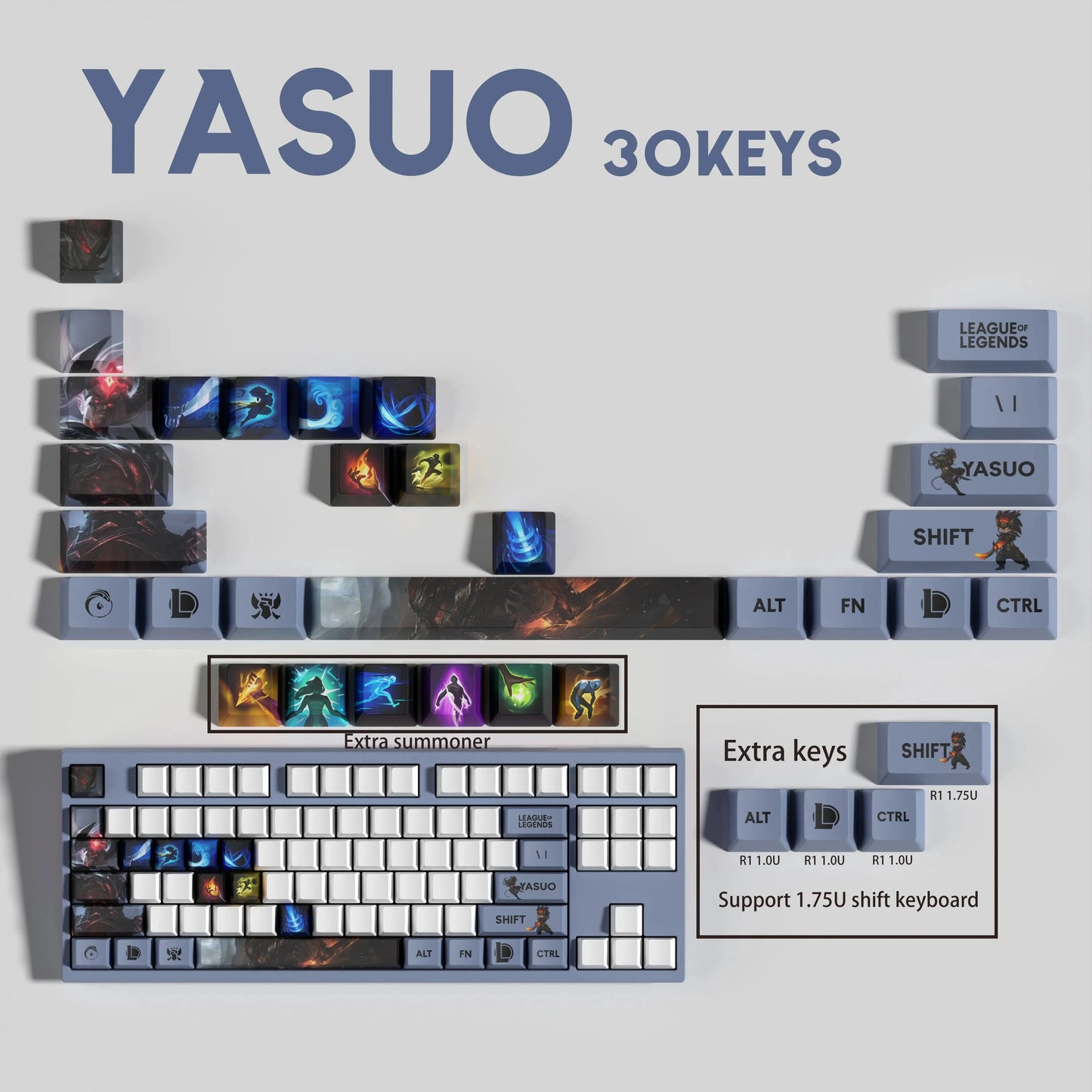 League of Legends Yasuo Keycaps – Mechanical Keyboard Gaming Keycap Set (30 / 14 / 12 Keys) | PixelCaps