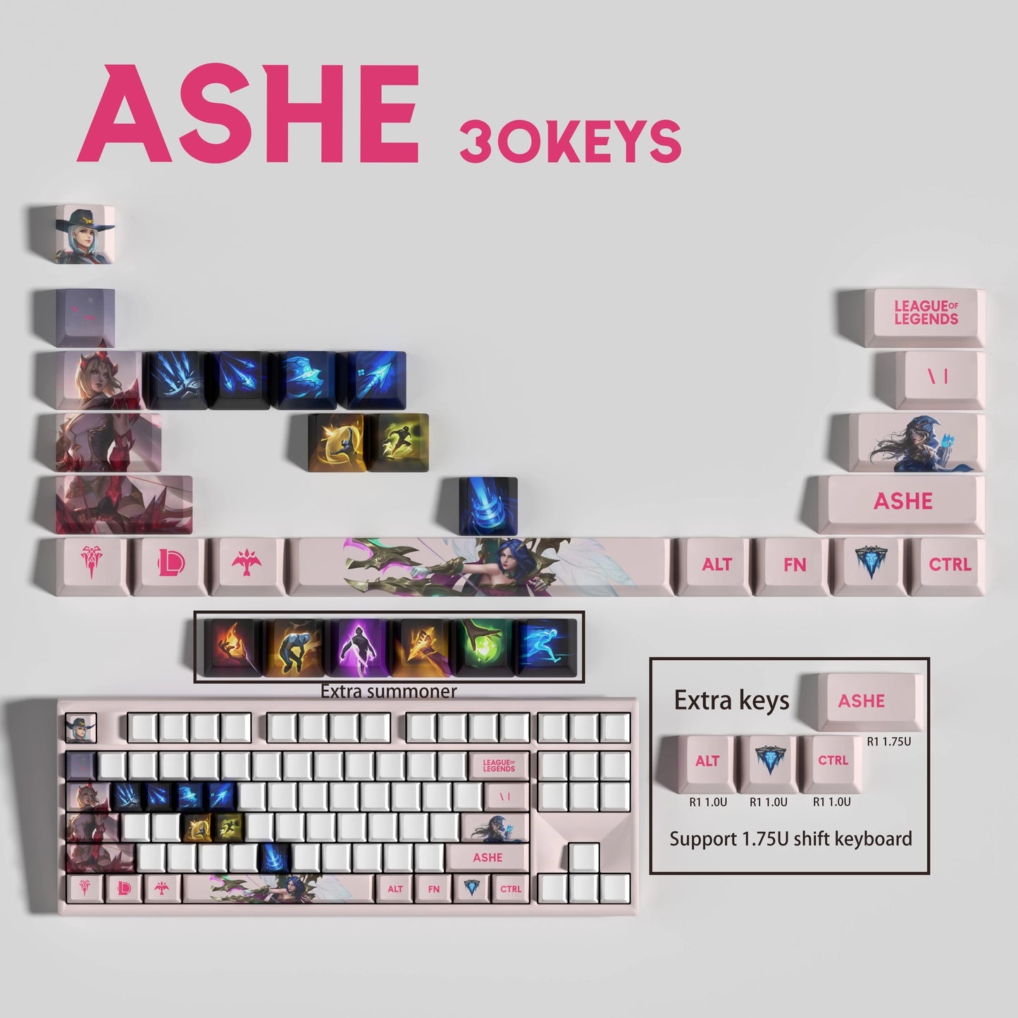 League of Legends Ashe Keycaps – Mechanical Keyboard Gaming Keycap Set (30 / 14 / 12 Keys) | PixelCaps