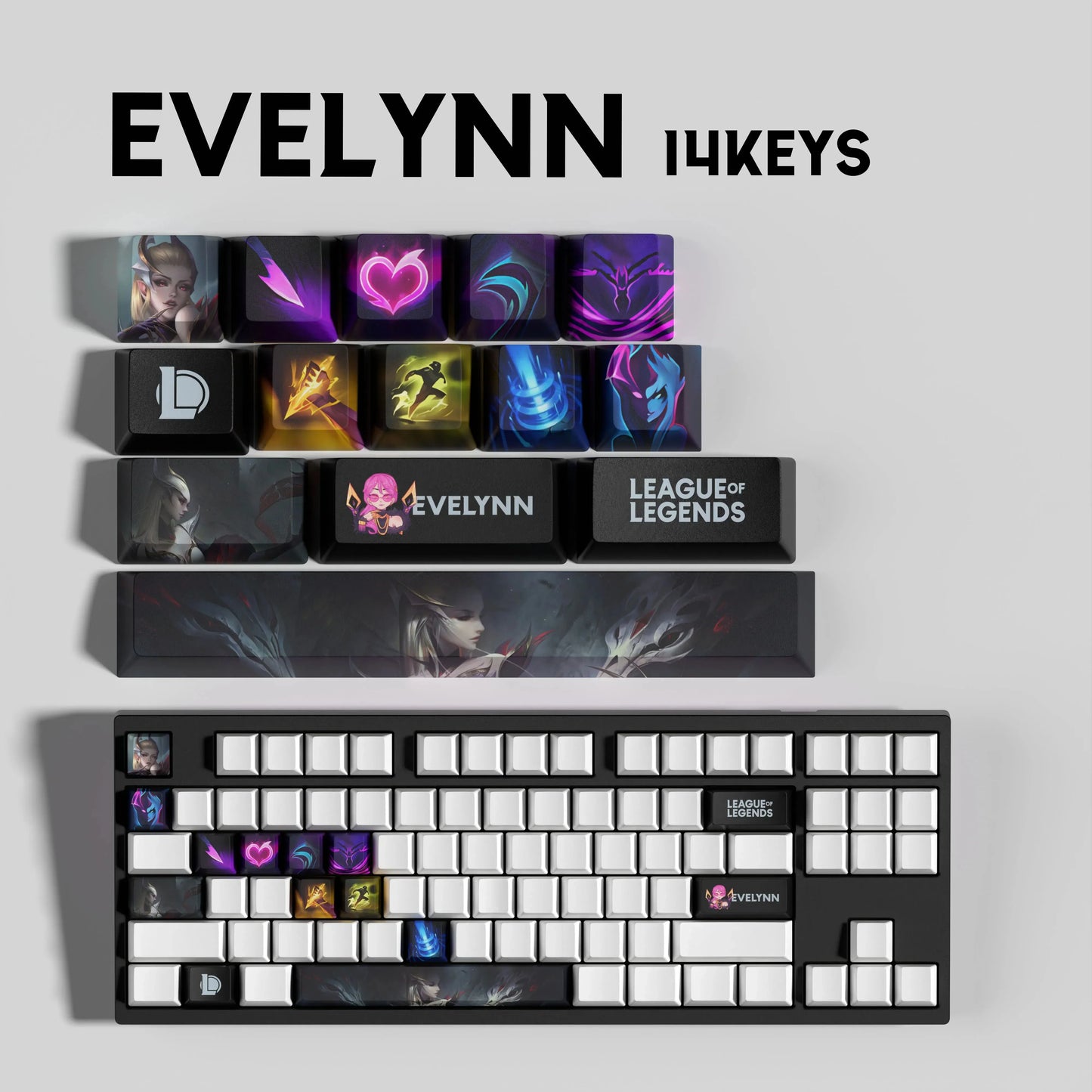 League of Legends Evelynn Keycaps – Mechanical Keyboard Gaming Keycap Set (30 / 14 / 12 Keys) | PixelCaps