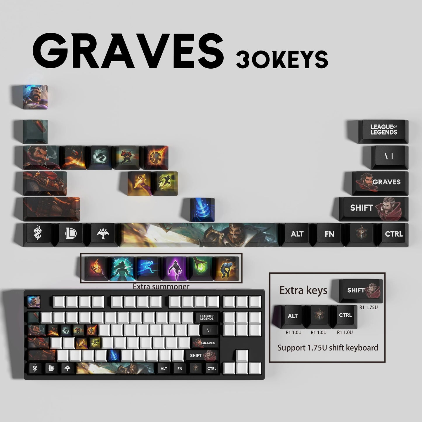 League of Legends Graves Keycaps – Mechanical Keyboard Gaming Keycap Set (30 / 14 / 12 Keys) | PixelCaps