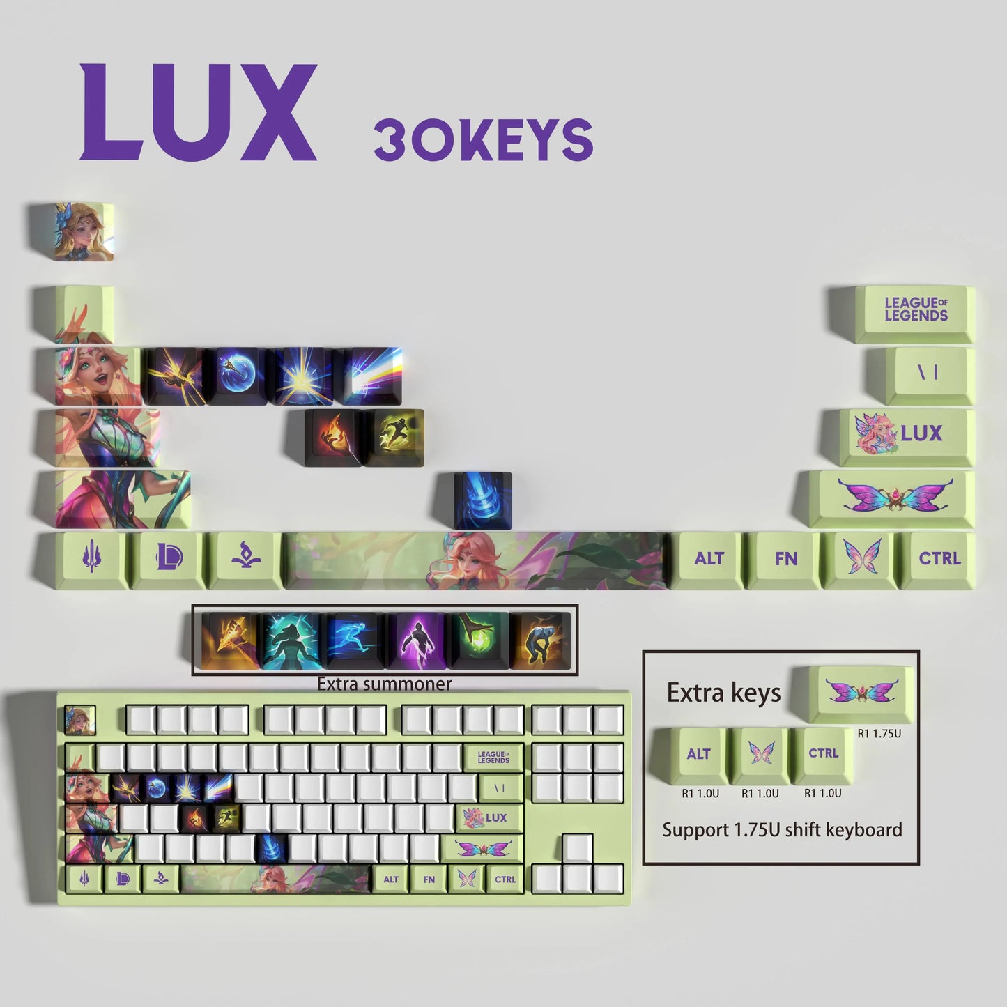 League of Legends Lux Keycaps – Mechanical Keyboard Gaming Keycap Set (30 / 14 / 12 Keys) | PixelCaps